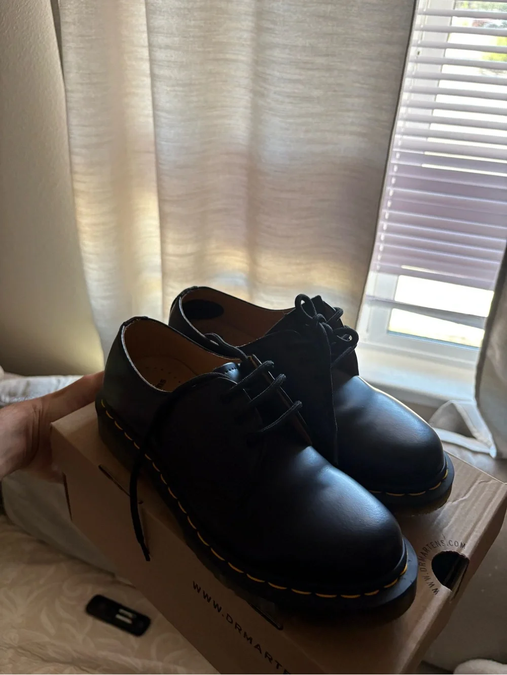 Dr. Martens Black Leather 3-Eye Derby with Yellow Stitching
